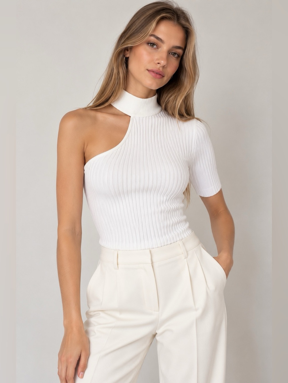 Zara Knit White Ribbed Asymmetric One-Shoulder Mock Neck Top Size S